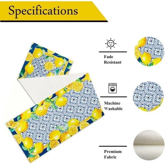 Summer Lemon Table Runner Navy Blue Tile Burlap  13x72 Inch - Picture 4 of 7